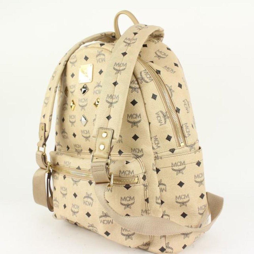 MCM Beige Monogram Visetos Logo Medium Studded Stark Backpack 921mcm73 - Picture 2 of 12